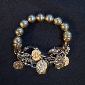 Charm Stretch Bracelet Multi-Element Faux British Coin Leather Costume Jewelry